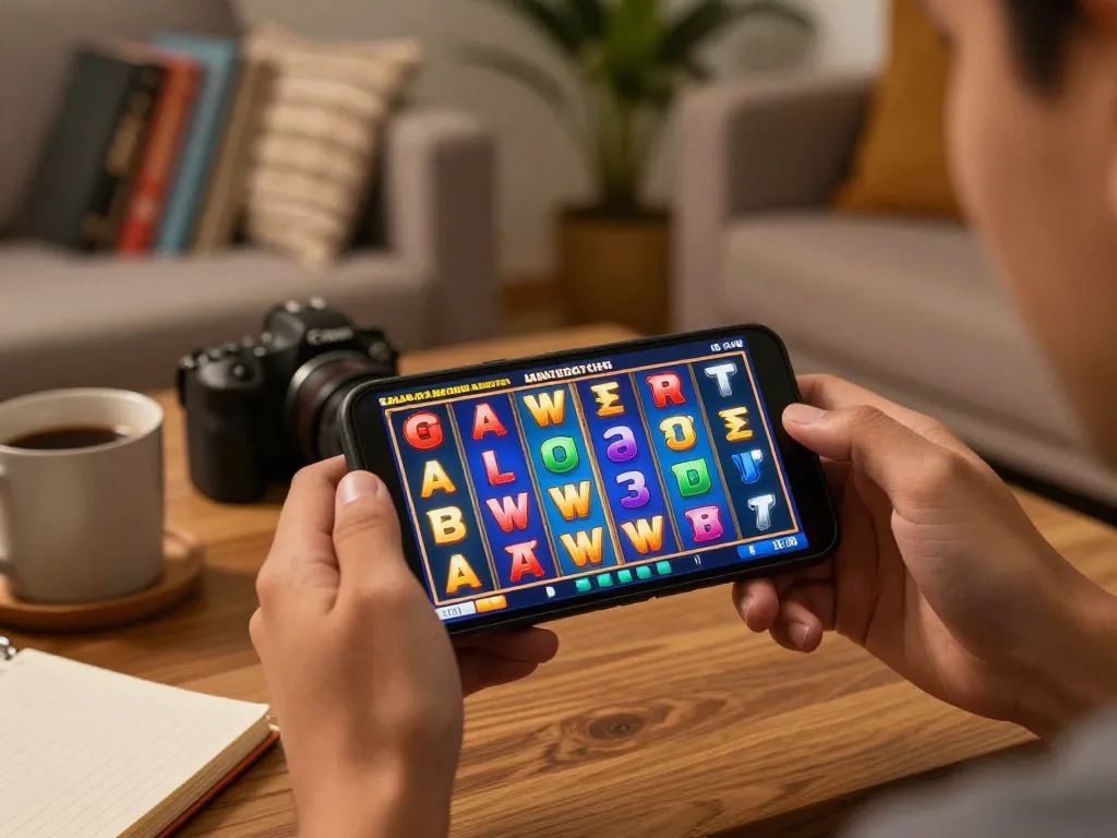 Engaging in slot pulsa gaming on a smartphone while enjoying a cozy home atmosphere.