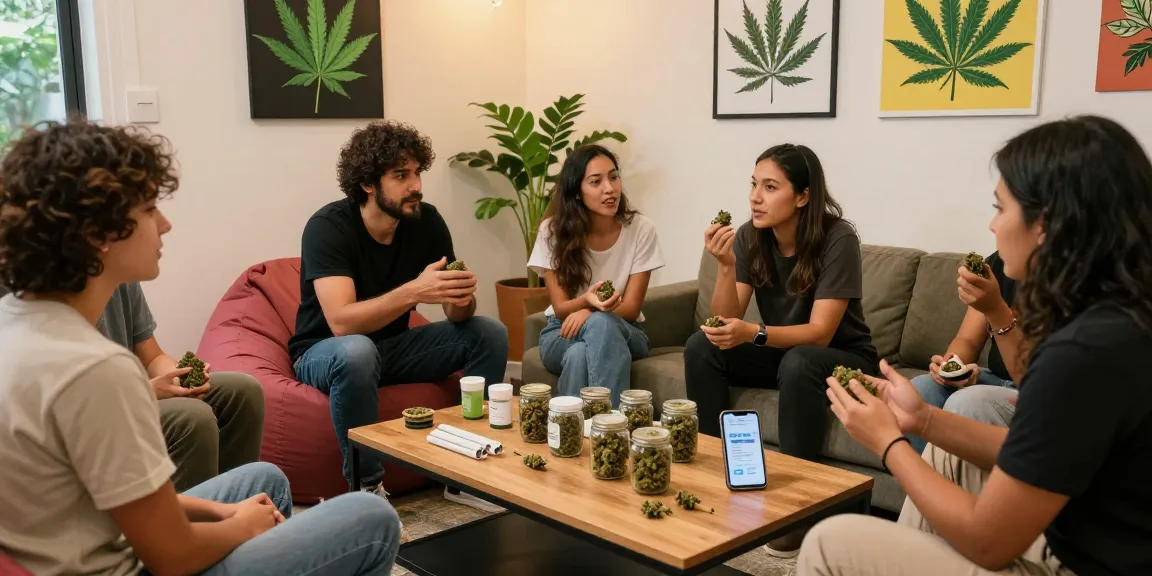 Engaging cannabis community discussing telegram weed strains and sharing tips in a cozy environment.