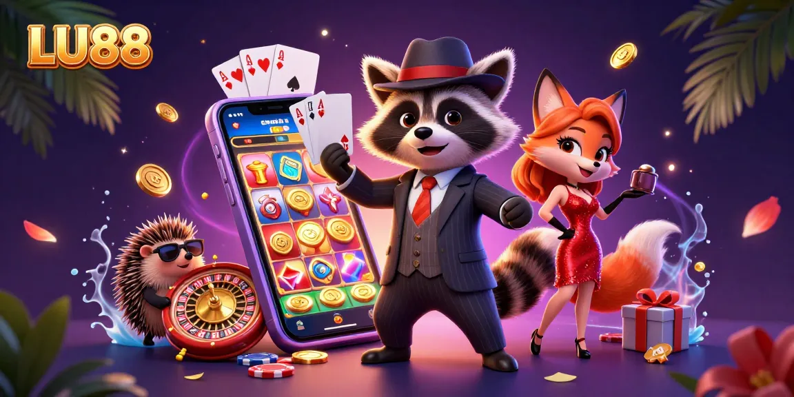 LU88's vibrant casino scene showcasing card games and thrilling excitement with raccoon and fox characters