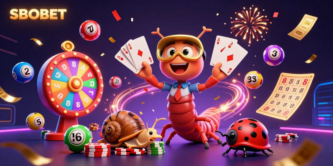 SBOBET showcases a colorful, energetic casino scene with dynamic characters and gaming elements.