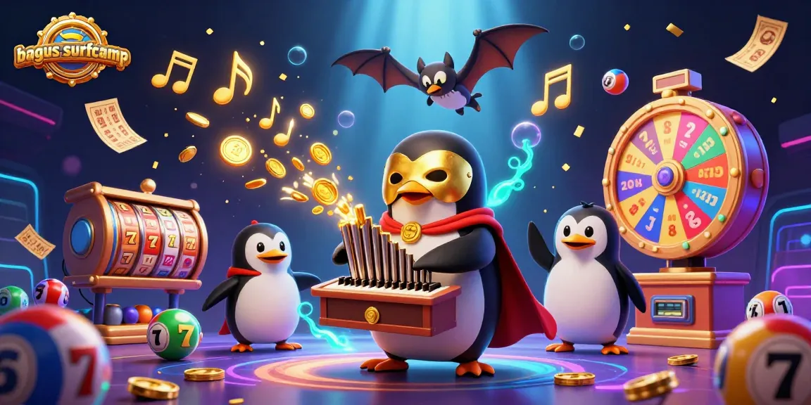 Bagus-surfcamp engages players with vibrant slot reels and golden musical notes in a dynamic casino scene.
