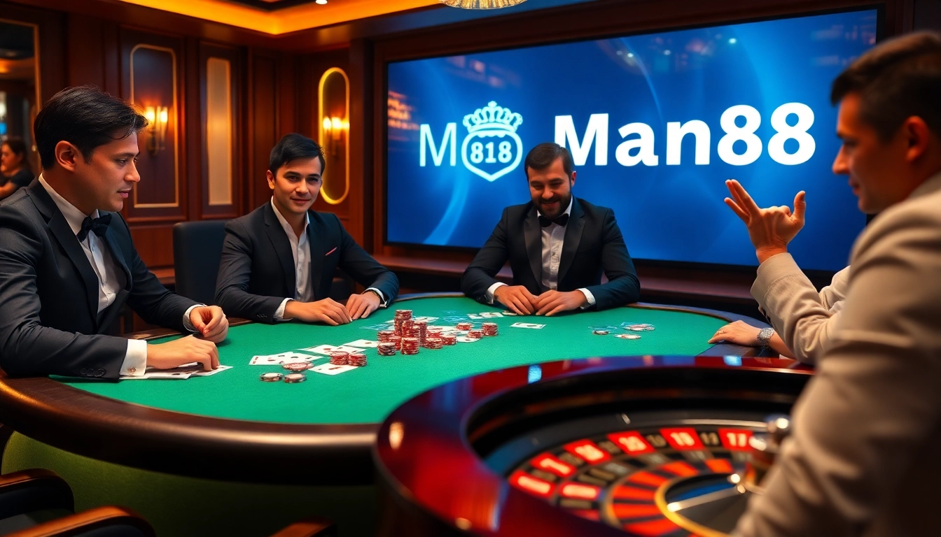 Man88 casino scene with poker players at a stylish table, evoking luxury and excitement.