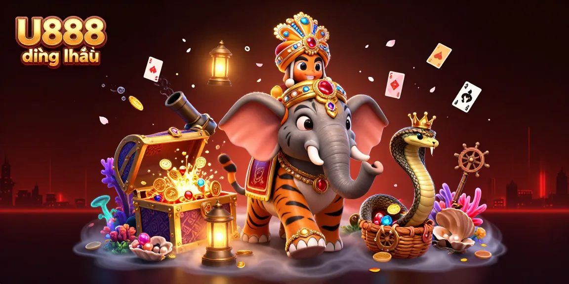 Experience the excitement at U888 đẳng cấp with vibrant casino-themed illustration featuring a majestic tiger and dazzling treasures.