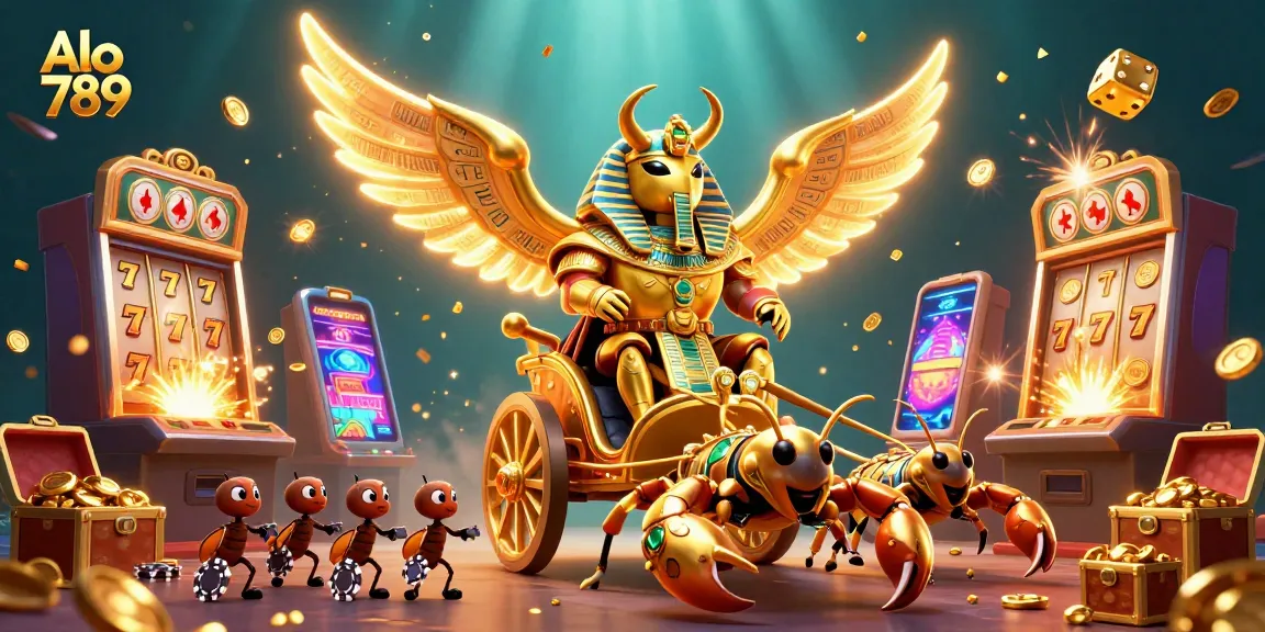 Alo 789 showcases a stunning 3D illustration of a colossal golden scarab beetle amidst various casino elements, celebrating the world of gambling.