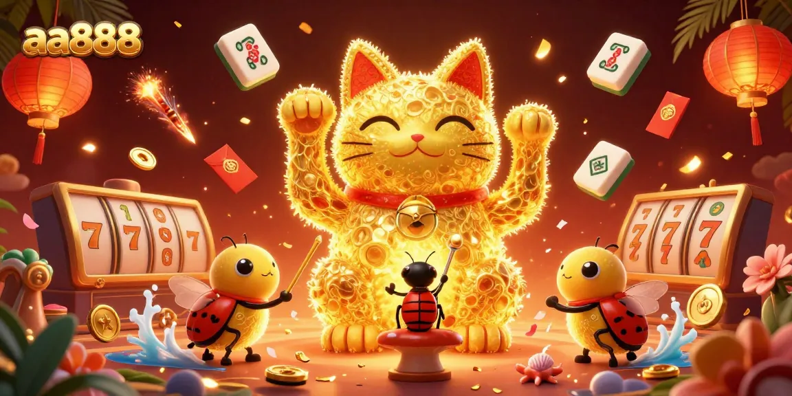 Experience the thrill of aa888 with a dynamic casino illustration showcasing vibrant lucky charms and casino elements.