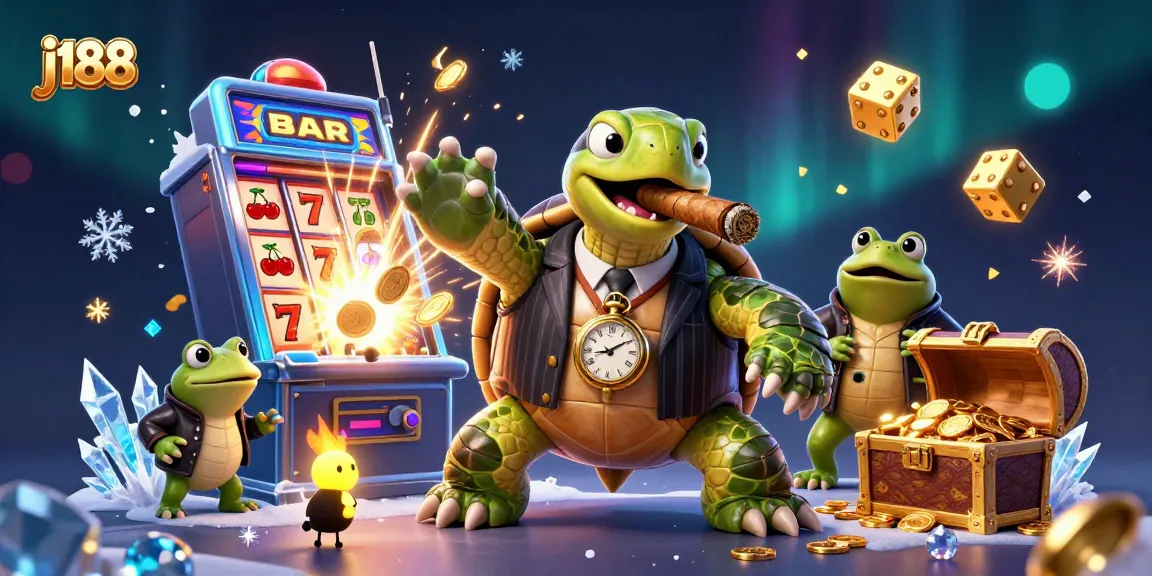 Experience the excitement of j188 with a 3D cartoon casino scene featuring a mobster snapping turtle and jackpot elements.