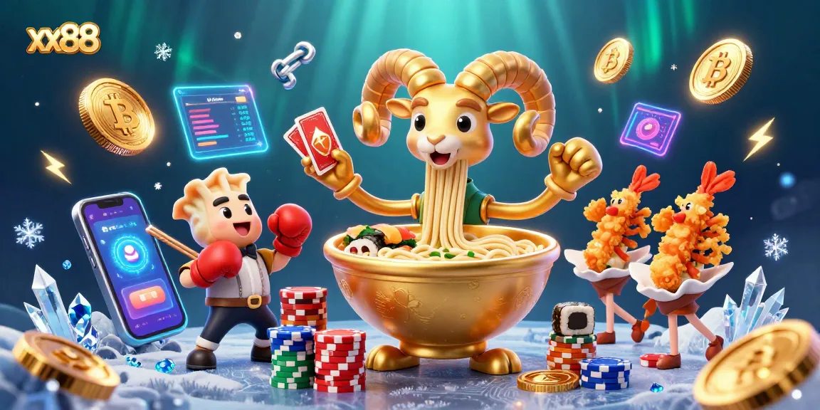 xx88 celebrates winnings with a vibrant 3D casino scene featuring a giant ramen bowl dealer and crypto elements.