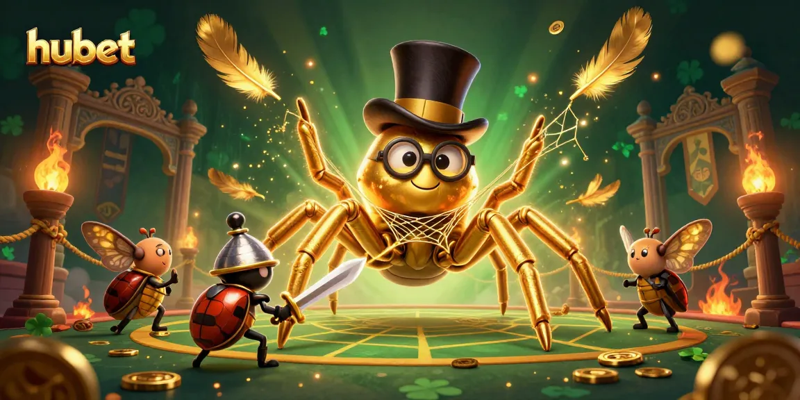 Join the fun at hubet with a vibrant scene of a golden tarantula and brave beetle knight in a packed casino