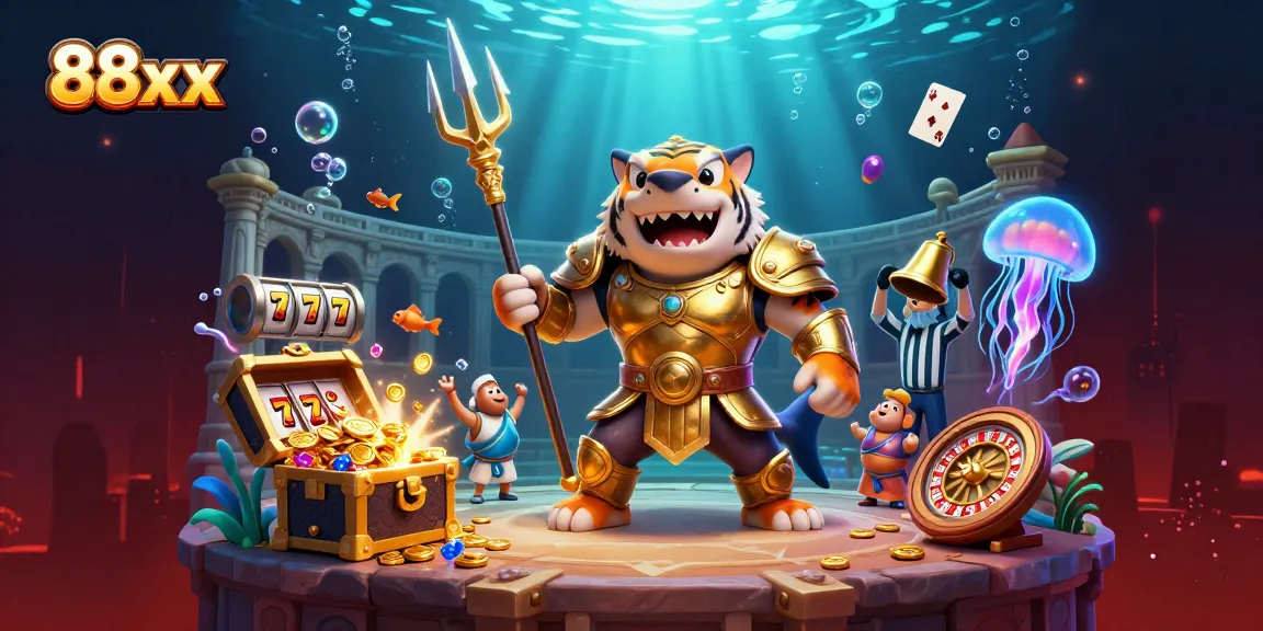 Experience the excitement of 88xx with a vibrant underwater casino scene featuring a shark warrior.