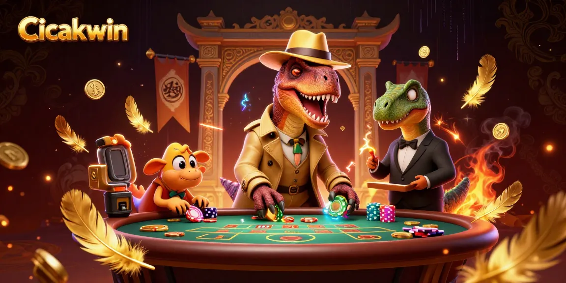 Cicakwin offers thrilling gameplay with a velociraptor at a blackjack table and a pit boss overseeing the event.