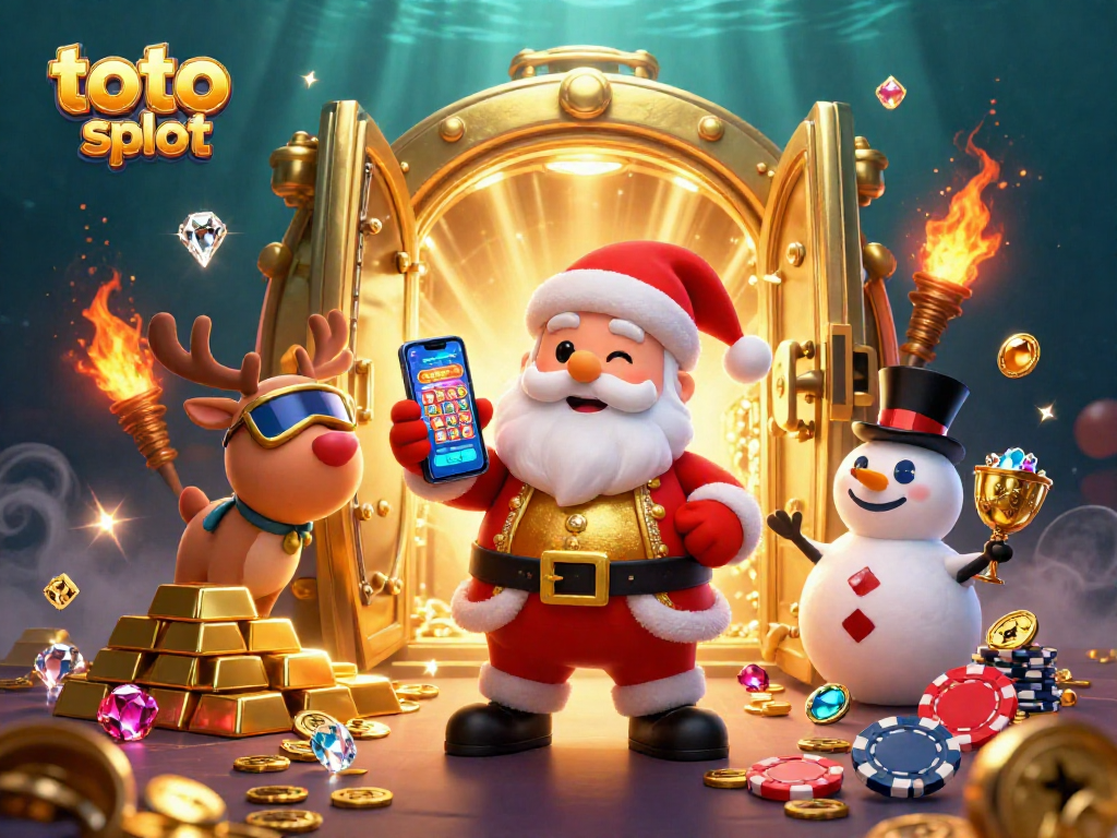 Spin and win on toto slot resmi with Santa Claus and friends celebrating jackpots and treasures in a dynamic casino scene.