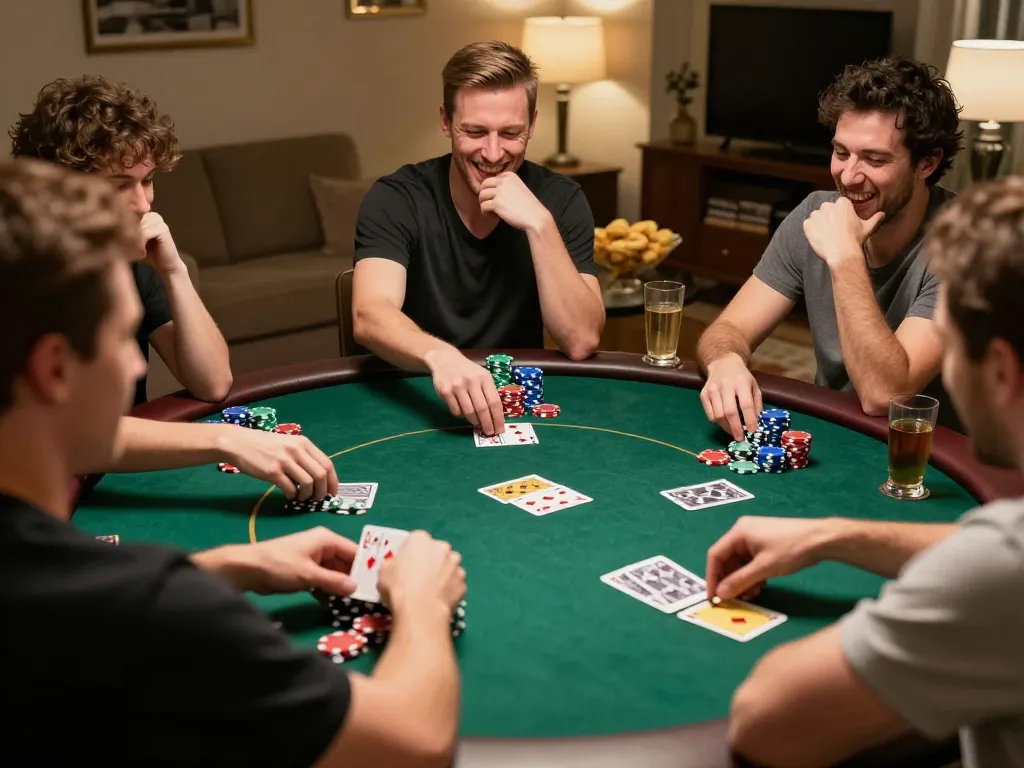 789club player enjoying poker chips and cards during a lively home game night