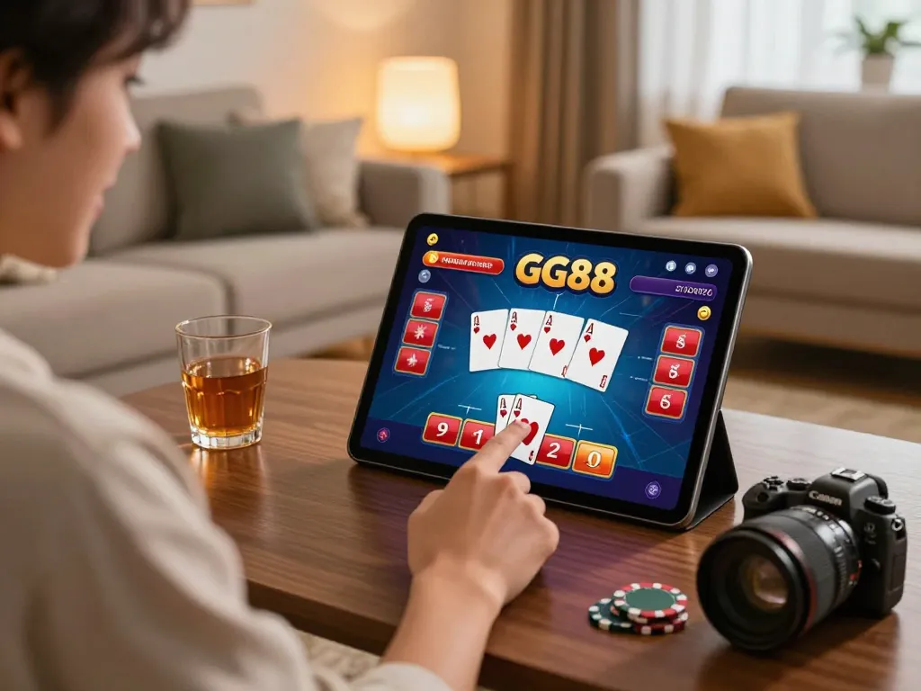 Engaged player experiencing GG88 in a live dealer poker game on their tablet at home.