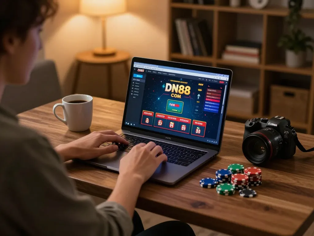 Engaging gameplay at DN88 com with a player using laptop in a cozy environment, showcasing online casino interface.
