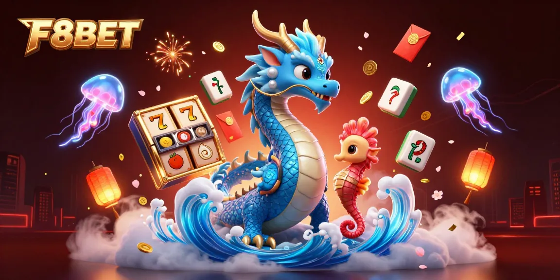 Immerse in the F8BET experience with a lively 3D casino scene featuring a water dragon, seahorse knight, and vibrant slot game elements.