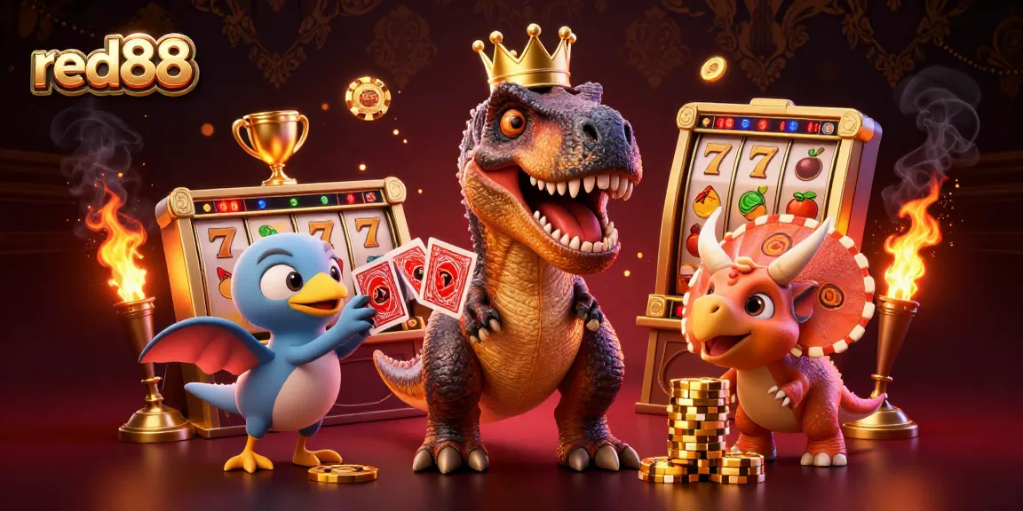 red88 brings excitement with a cartoon T-Rex and friends at a vibrant slot machine scene.