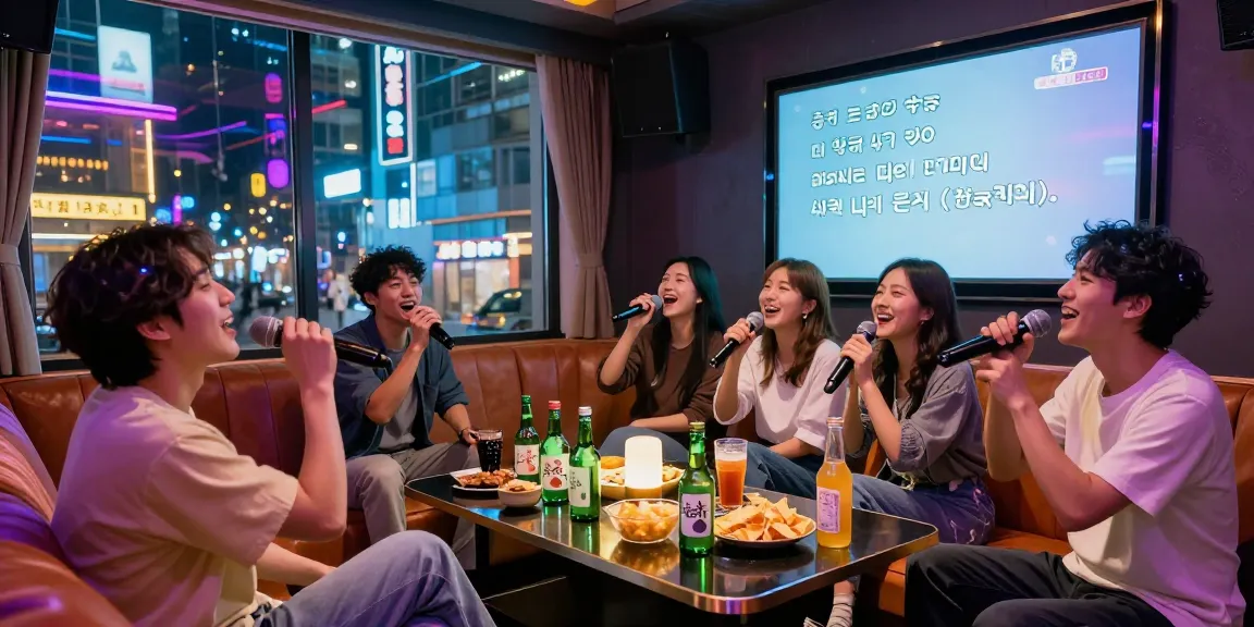 Friends singing at 강남가라오케 lounge, enjoying drinks, vibrant atmosphere.