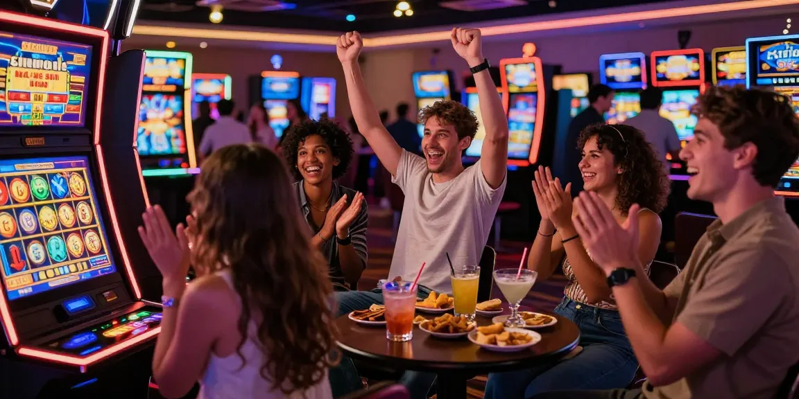 The excitement of situs slot gacor as friends celebrate a win at a colorful casino slot machine, capturing the lively atmosphere.