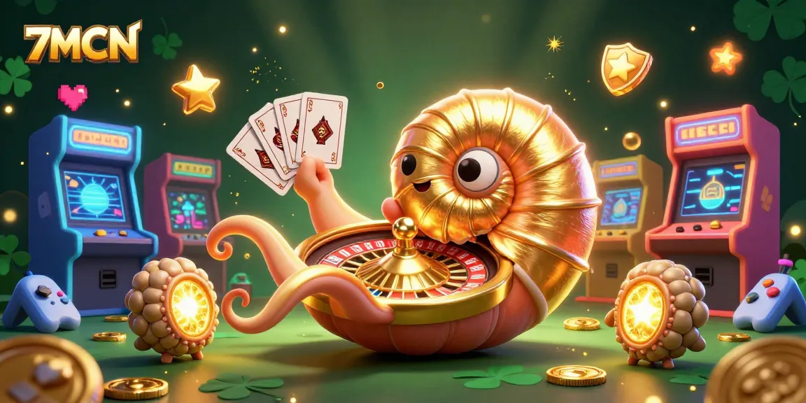 Engage with 7MCN's vibrant gambling scene featuring a golden nautilus roulette wheel and glowing arcade elements.