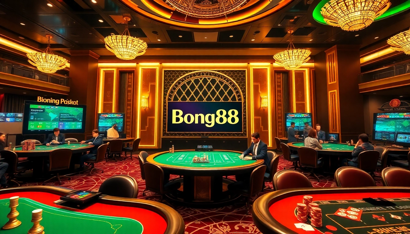 Experience the thrill of Bong88 online gambling with vibrant casino visuals and interactive gaming elements.