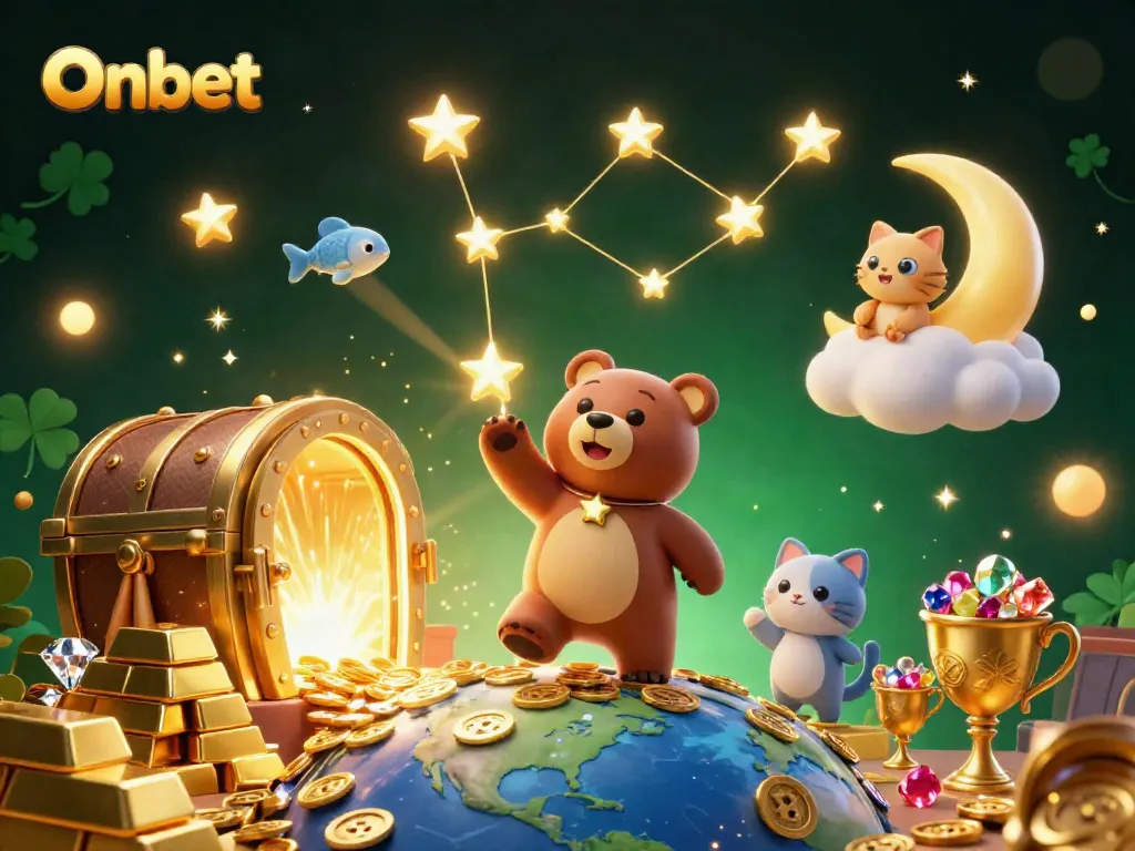Engage with the Onbet universe as the constellation bear gathers coins amidst a vibrant casino scene.