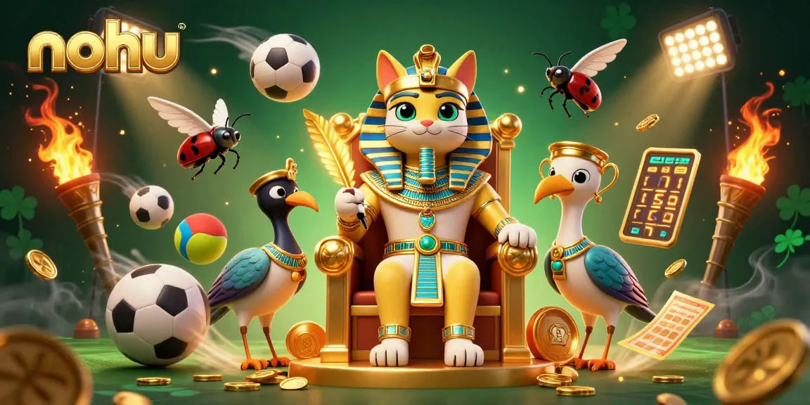 Nohu sports betting scene with a pharaoh cat and ibis amidst dynamic sports elements.