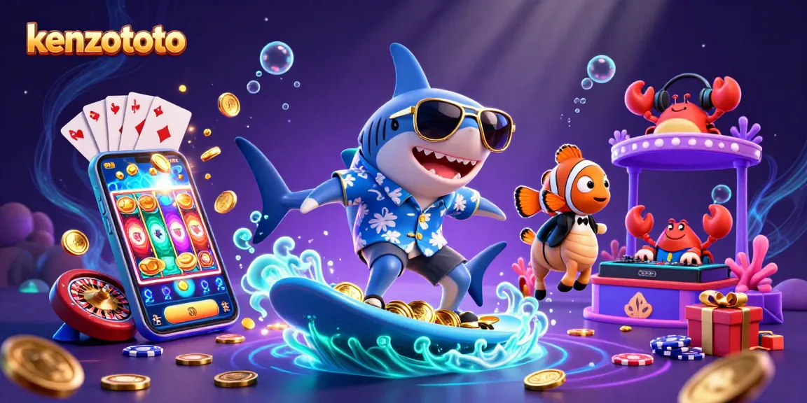 Kenzototo offers unparalleled gaming with a vibrant scene featuring a shark and casino elements.