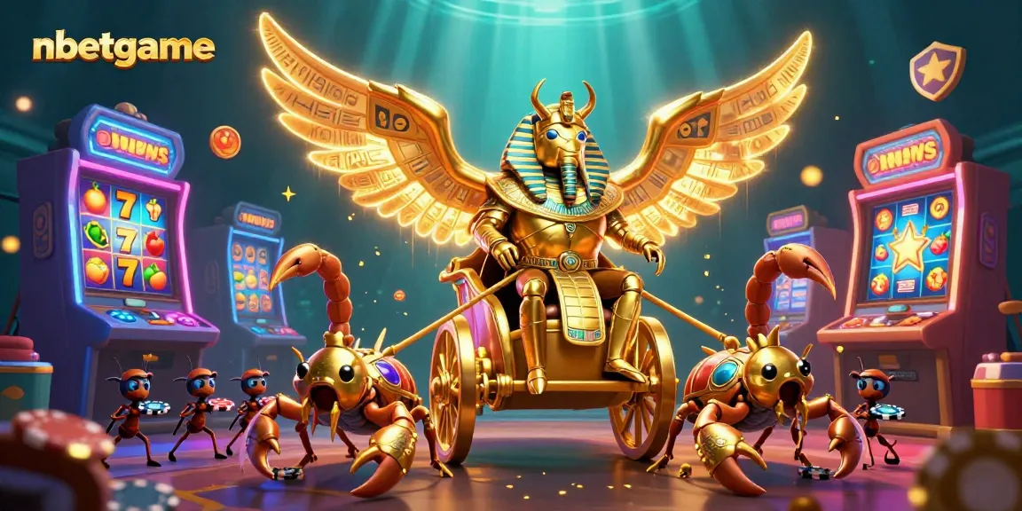 nbetgame promotes thrilling slot wins with a 3D cartoon scarab beetle and glittering casino elements.