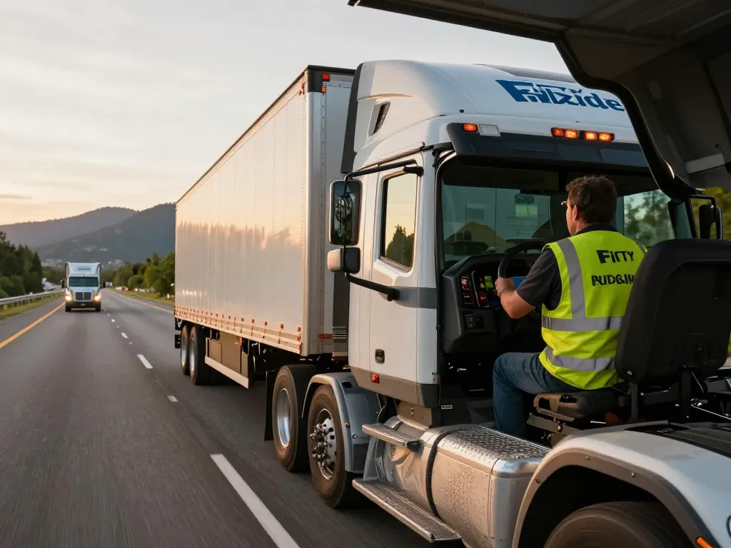 Quote for truck Insurance relevant scene with a semi-truck driver on an open highway during sunset.