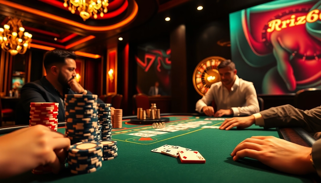In a luxurious setting, players enjoy high-stakes games at nhà cái rr88, showcasing poker chips and roulette wheels.