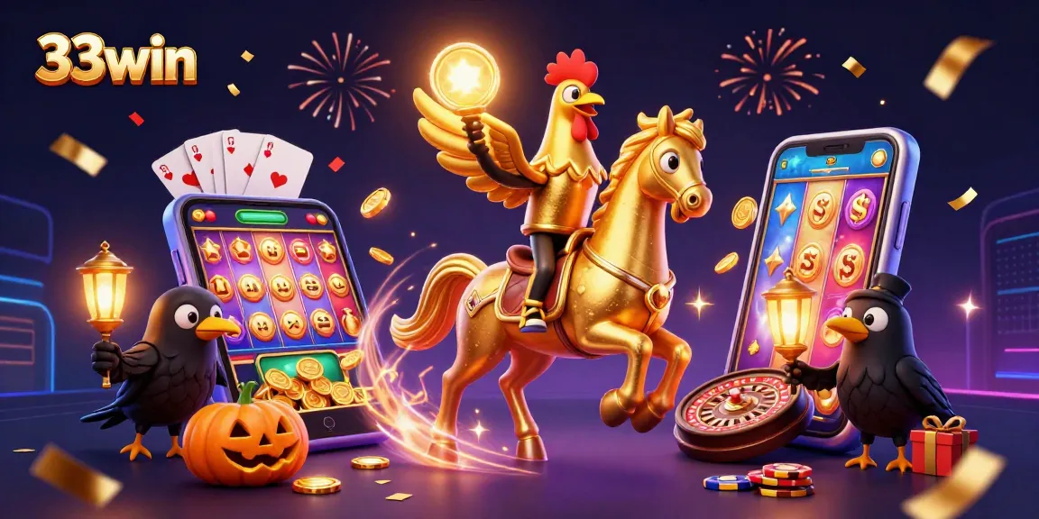 Engage in thrilling casino adventures with 33win's vibrant gaming scene featuring a golden rooster and festive elements.