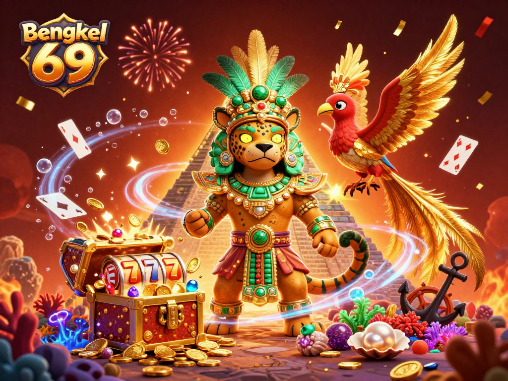 Join the action at Bengkel 69 with dynamic casino scenes featuring vibrant Mayan elements and gold!