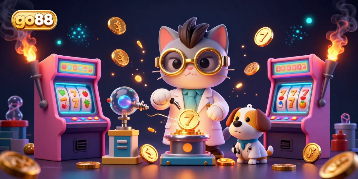 Play exciting casino games with go88 in a vibrant 3D illustration showcasing the mad scientist cat and dog in a dynamic gaming lab.
