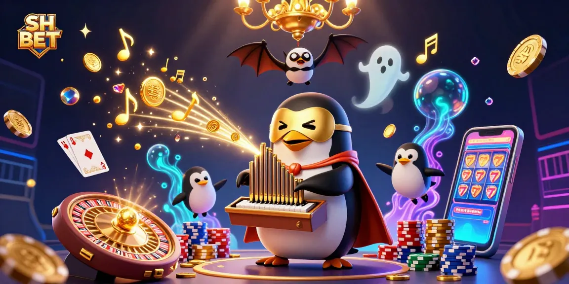 Experience SH BET with a penguin organist shooting golden coins, surrounded by casino excitement.