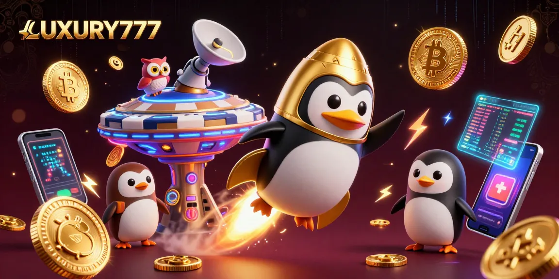 Penguin emas bertenaga roket LUXURY777 beraksi di luar angkasa dengan koin emas.