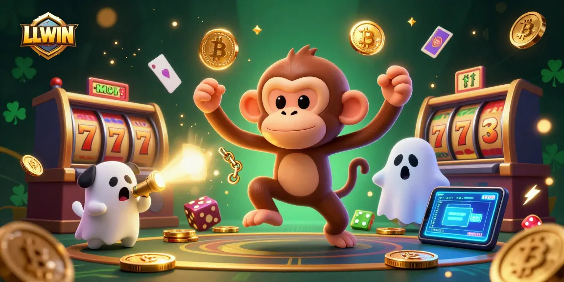 Experience thrilling gaming with LLWIN's vibrant casino scene featuring playful monkey, puppy, and glowing crypto coins.