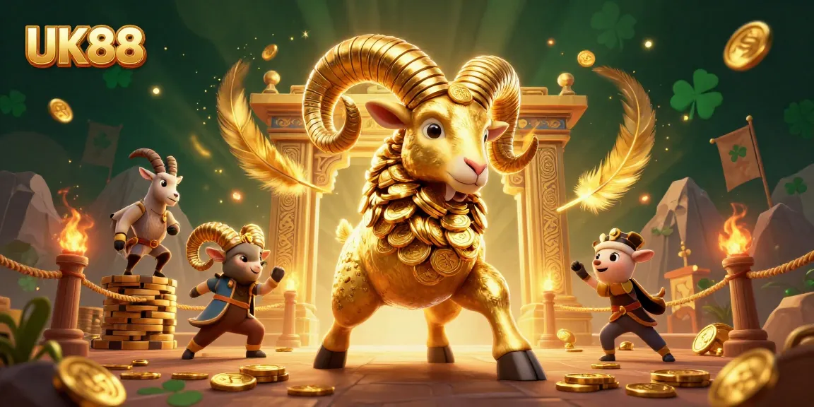 Experience thrilling action with UK88's dynamic casino scene featuring a golden ram charging through riches.