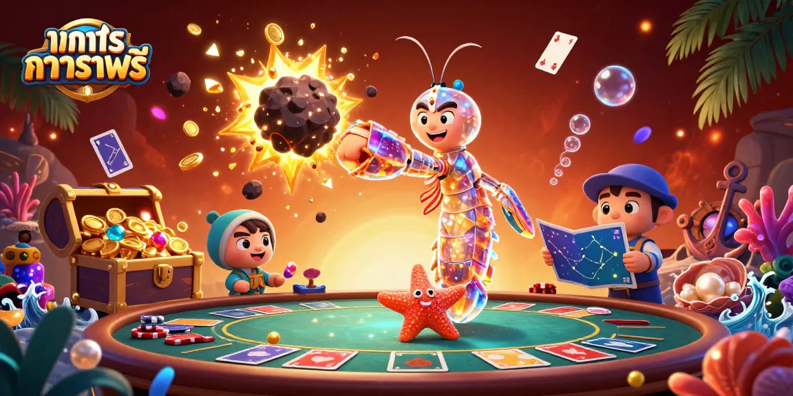 Experience ทดลองบาคาร่าฟรี with a dynamic illustration showcasing a galactic mantis shrimp and vibrant baccarat elements.