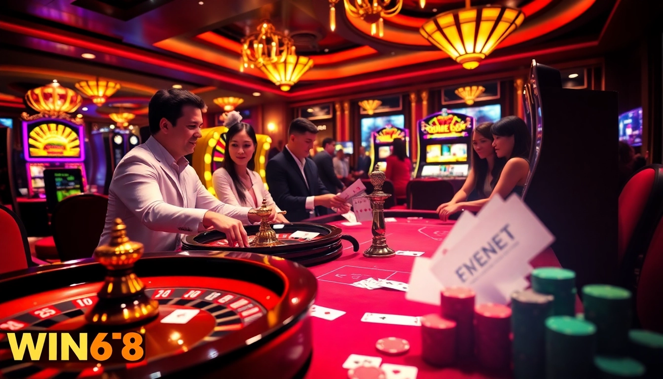 Win678 casino scene featuring players betting at a luxurious table with roulette and slots.