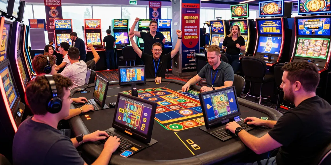 Players enjoying various games at casinos that accept credit cards, celebrating wins in a vibrant online casino atmosphere.