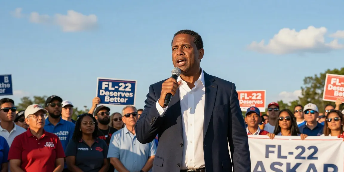 Casey Askar speaking at a rally highlighting controversies in FL-22 election.