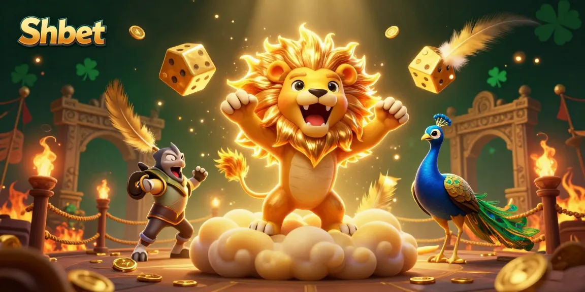 Experience thrilling games at Shbet with giant golden dice and a roaring lion.