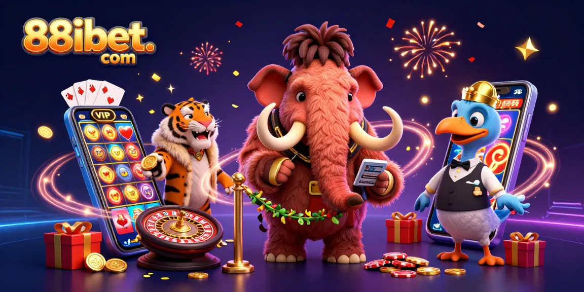 Play exciting games at 88ibet. com, featuring a lively scene with a woolly mammoth bouncer and casino elements.