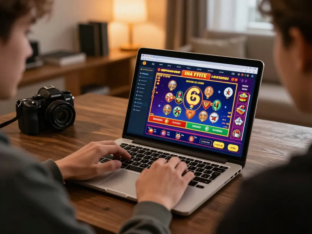 Engaging in LLWIN Download on laptop for online casino gaming with vibrant visuals.