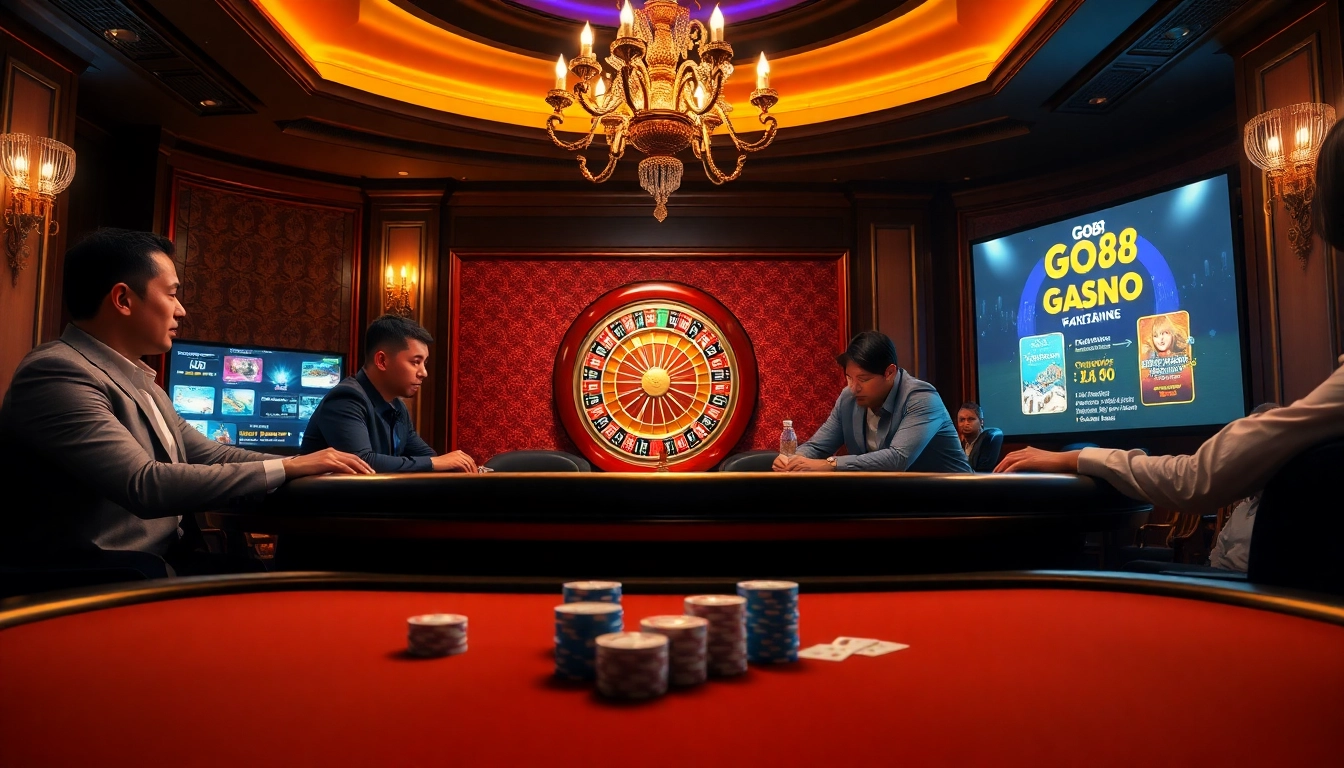 Players enjoy a thrilling poker game at go88's luxurious casino, surrounded by vibrant chips and cards.