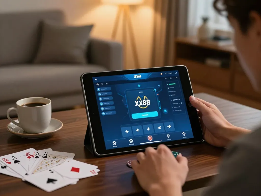 Engaging in poker gameplay on the xx88 app from a cozy home setting with tablet and strategy notes.