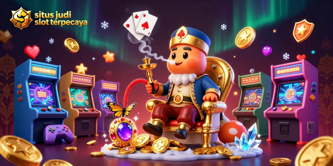Menghadirkan situs judi slot terpercaya, ilustrasi meriah dari mesin slot dengan karakter kartun dalam latar mewah.