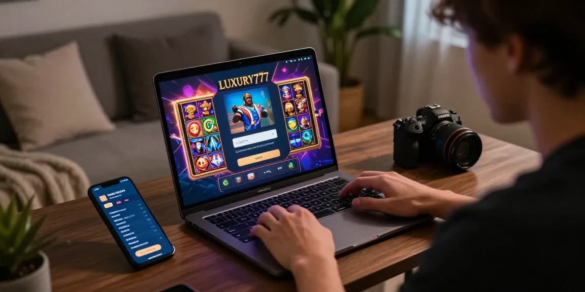 Pengguna mendaftar dan Login LUXURY777 di laptop di ruang santai yang nyaman.