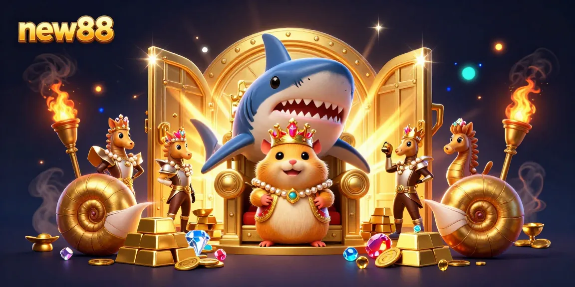 Win big with new88's golden treasures and exciting gaming experiences at this vibrant casino illustration.