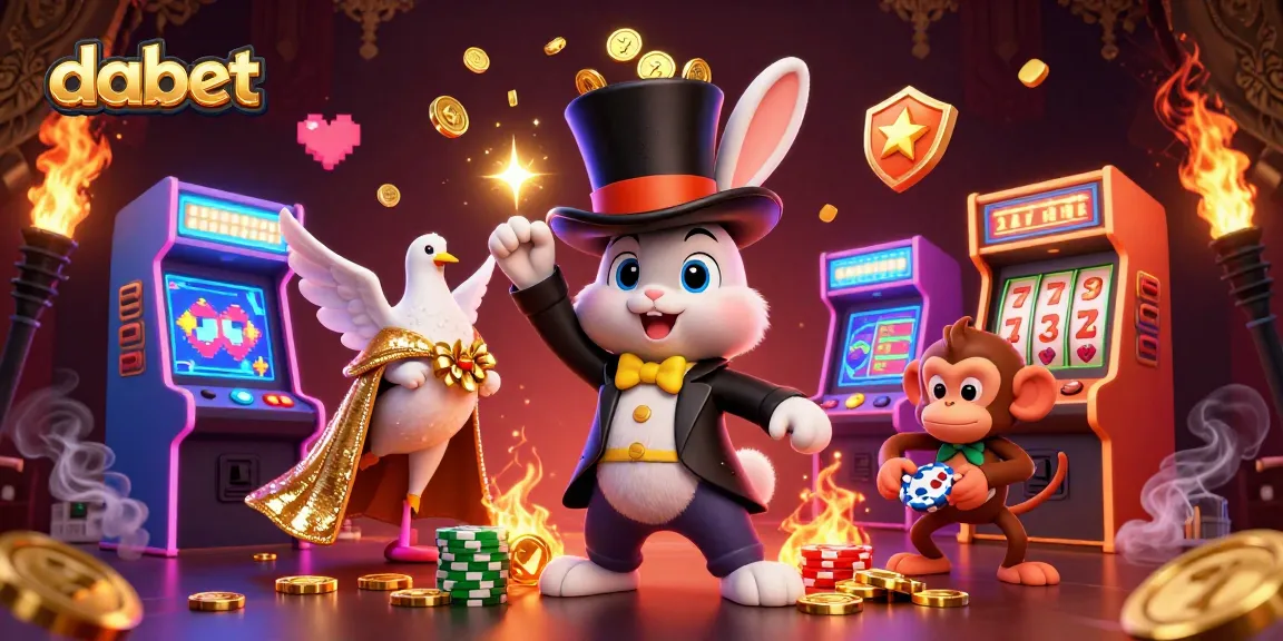 Pull golden coins with dabet's exciting slots, featuring a magician rabbit, dove, and playful monkey.